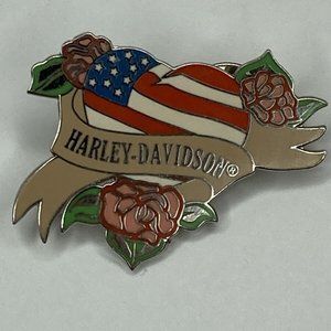 2005 HARLEY DAVIDSON Woman's Lapel/Hat Pin American Heart Roses Banner Enameled
